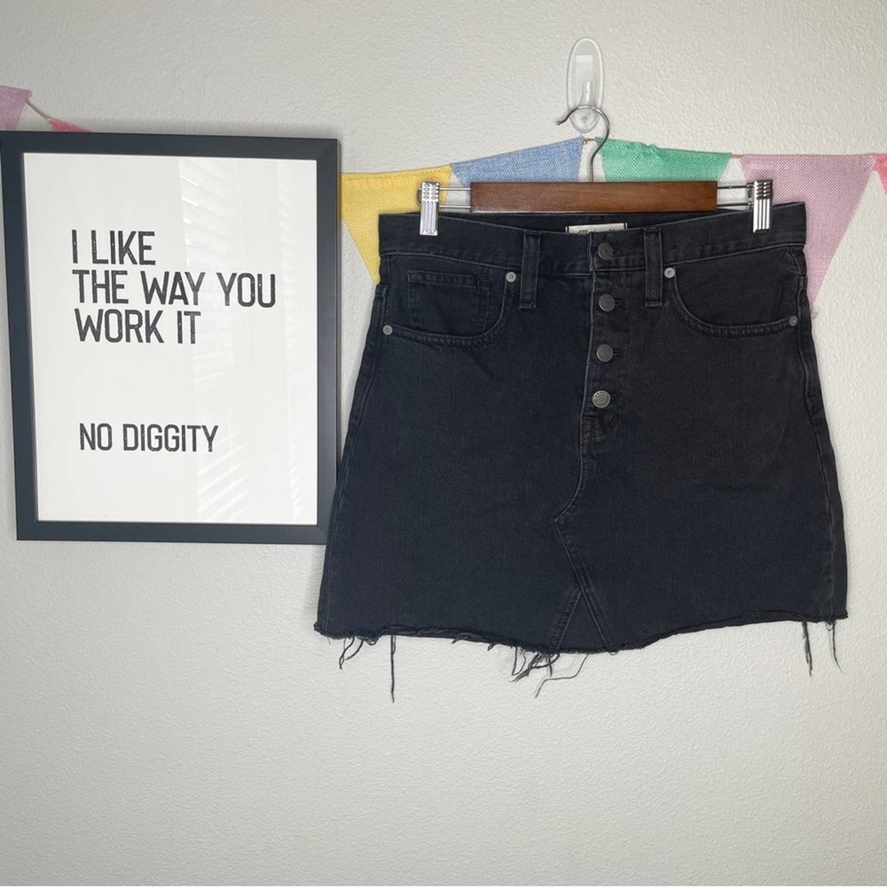 Madewell Black Rigid Denim A-Line Mini Skirt Button Fly Raw Hem | 28